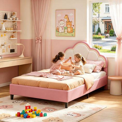 Lit Enfant Fille 140x200cm avec Tête de Lit Nuage LED RGB, Lit Simple avec Hauteur Réglable, Sommier à Lattes, Design Princesse, Velour, Rose+Blanc (1/5)