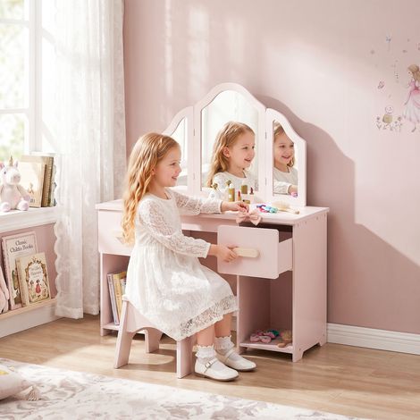 Coiffeuse pour Enfants avec Tabouret et Miroir à Trois Volets en Acrylique, 2 Tiroirs et 2 Placards, Rose (1/5)