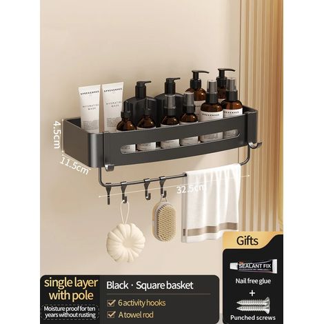(JS45carré noir B) Étagère murale en aluminium pour salle de bain, rangement pour shampoing, organisateur de cuisine, sans perçage nécessaire. (1/5)