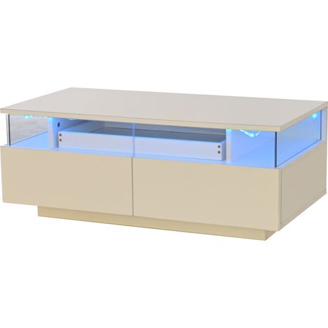 Tavolino da caffè bianco lucido 90 x 45 x 35,5 cm con 2 cassetti, vassoio rimovibile e luce LED (1/5)