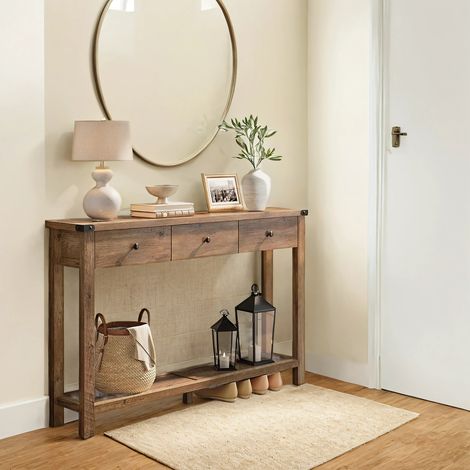 Table Console, Table d'Entrée avec 3 Tiroirs et Étagère de Rangement, pour Entrée, Salon, Style Campagnard, Marron (1/5)