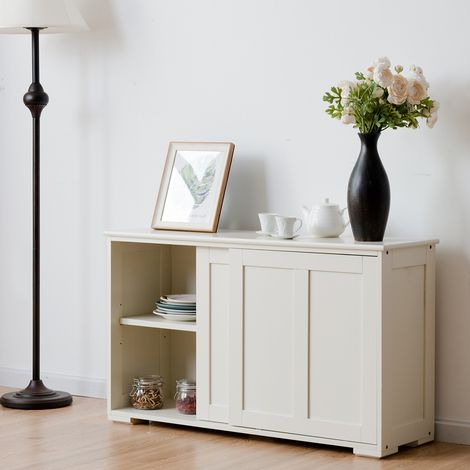 Buffet de Cuisine Armoire Basse de Salle à Manger 2 Etagères 2 Portes Coulissantes en MDF, 106,5x33x62cm, Beige (1/3)