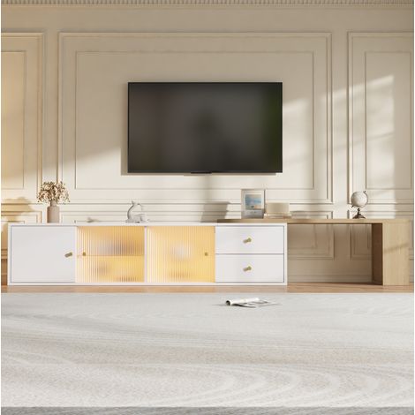 Mueble TV extensible con LED RGB 175x40x35,5 cm, 2 cajones y puertas correderas de cristal, madera blanca natural (1/5)