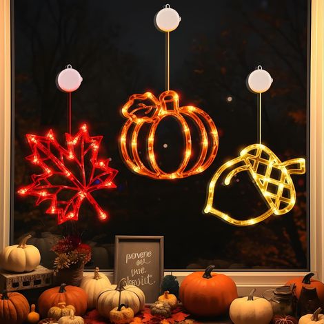 JSSEVN - Luces otoñales, decoración otoñal a pilas con temporizador, bellota y hoja de arce con efecto de desvanecimiento lento para el hogar y la decoración de ventanas. (1/5)