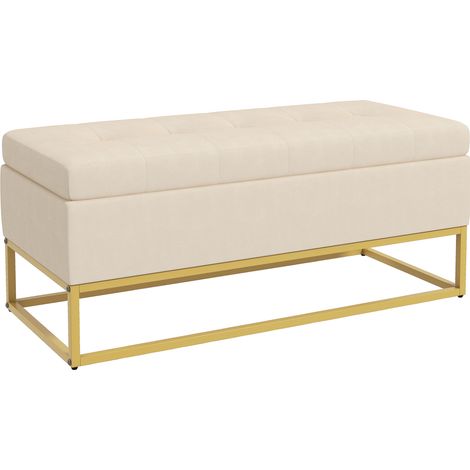 Banc de rangement rembourré en velours beige avec pieds en acier doré 110x44x49 cm (1/5)