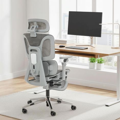 Fauteuil de Travail Ergonomique à Dossier en Maille Grise, Accoudoirs 3D Réglables, Soutien Lombaire et Têtière Ajustable, Siège à Hauteur et Profondeur Modulables pour Bureau (1/5)