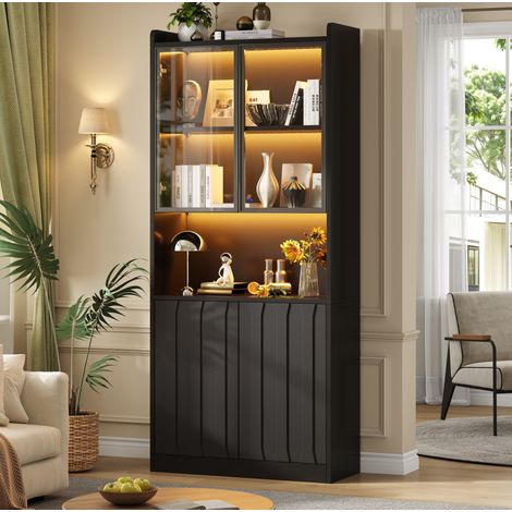 Vitrina alta 80x35x200 cm de aglomerado y vidrio templado negro con LED para salón - MEUBLIV (1/5)