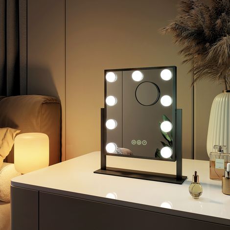 EMKE Miroir de maquillage Hollywood Miroir grossissant 7x avec Ampoules LED Interrupteur tactile 3 couleurs dimmable Rotation - Cadre Noir 25 x 30 cm (1/3)