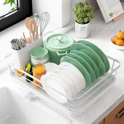 Escurreplatos de cocina compacto y compacto, de acero inoxidable con soporte para cubiertos, 29,0 x 38,1 x 12,7 cm, color blanco
