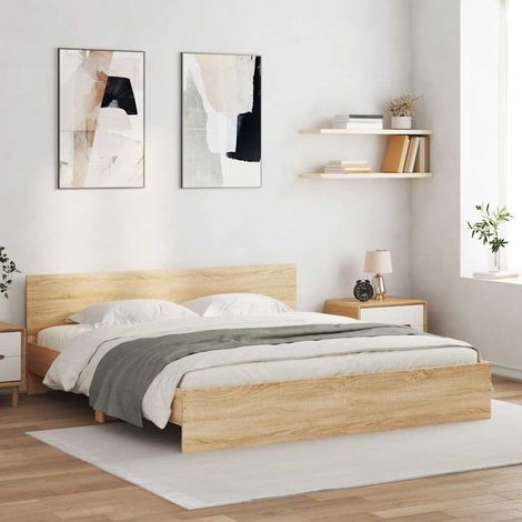 Estructura de cama cabecero y luces LED roble Sonoma 180x200 cm (1/5)
