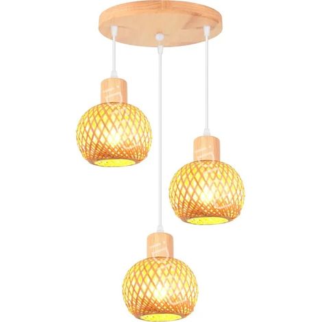 3 Lampes Lustre en Bambou et Bois Vintage Lampe 13cm Mini Abat-jour à Boule Rotin Vintage Suspension Luminaire Style Bohème (1/5)