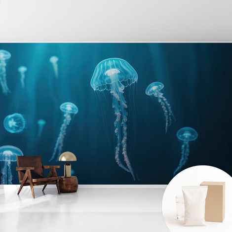Papier peint intissé mural avec colle pour salon et chambre Décoration murale rapide - Colle incluse gratuite Élégance marine 416x254 cm (1/5)