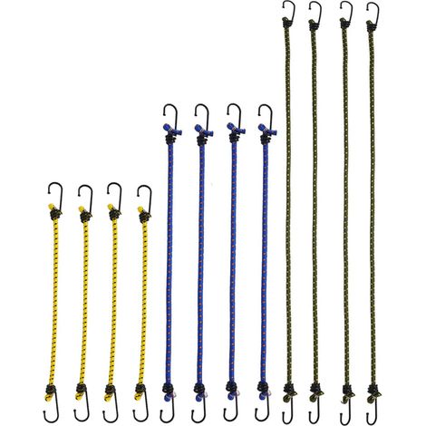 12 cuerdas elásticas tipo bungee (4×30 cm, 4×40 cm, 4×60 cm) con ganchos, para bicicletas, coches, lonas y tiendas de campaña.