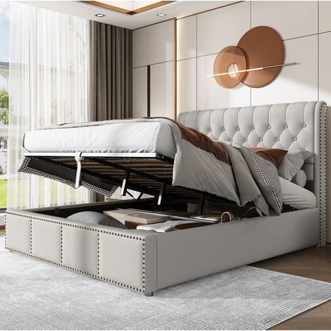 Lit rembourré minimaliste en lin gris 140x190 cm avec tête de lit haute, sommier à lattes et coffre