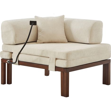 Divano letto pieghevole singolo beige con struttura in legno e letto estraibile (1/5)