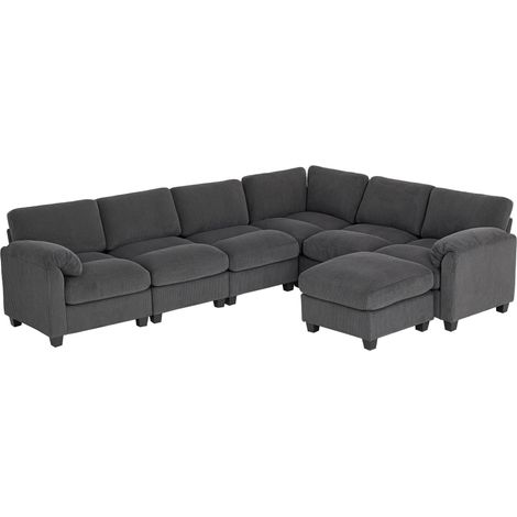 U-Shaped Sectional Sofa with Corduroy Fabric, Dark Grey, 292x224 cm