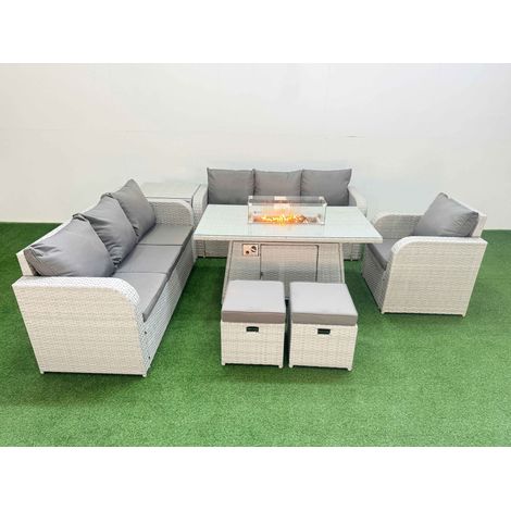 Fimous 9 Seater Poly Rattan Outdoor Garden Furniture Firepit Dining Table Sofa Set Patio 3 Seater Sofa Reclining Chair 3 Seater Sofa Stools Side Table Light Grey (1/4)