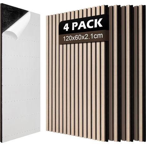 Lot de 4 panneaux acoustiques autocollants en bois - 2,88 m² - 120 x 60 cm - Panneaux muraux 3D - Isolation acoustique - Pour home cinéma et salle de musique - Chêne (1/5)