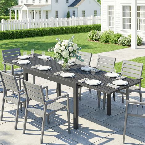 Mesa de Comedor Exterior Extensible 135/270 cm para 6-10 Personas de Aluminio con Tapa de Listones Gris Oscuro