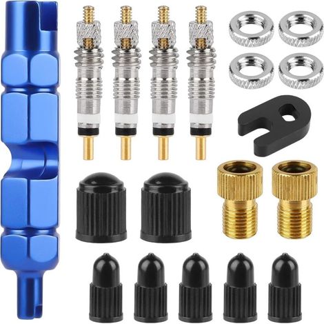 Obus de Valve Presta, Kit de 18 Pièces avec Outil de Dépose et Adaptateur pour Vélo de Route et Pneu de Voiture (1/4)