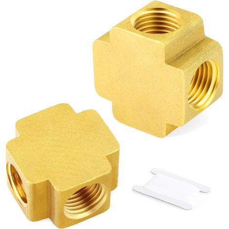 2 PIECES Brass Pipe Fitting, Barstock 4 Way Cross, 1/4" x 1/4" x 1/4" x 1/4" BSP Female Pipe (1/5)