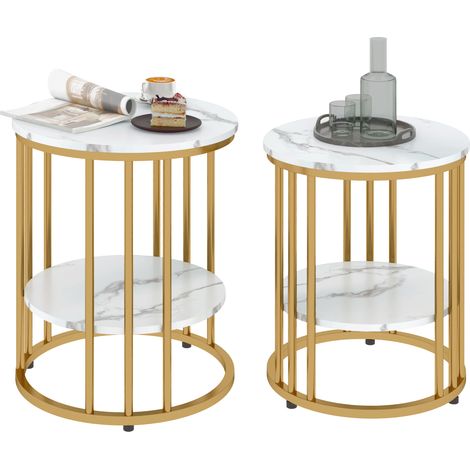 Lot de 2 tables basses rondes tables de salon effet marbre avec étagère de rangement ouverte et cadre en acier or