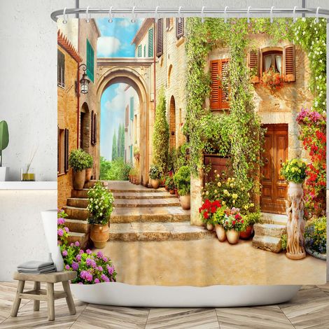 Rideau de Douche de Jardin 180x200 cm, Jardin Rue Paysage Naturel Fleurs Herbe extérieur Lavable Textile Rideau Douche imperméable pour Baignoire avec 12 Crochets (1/5)