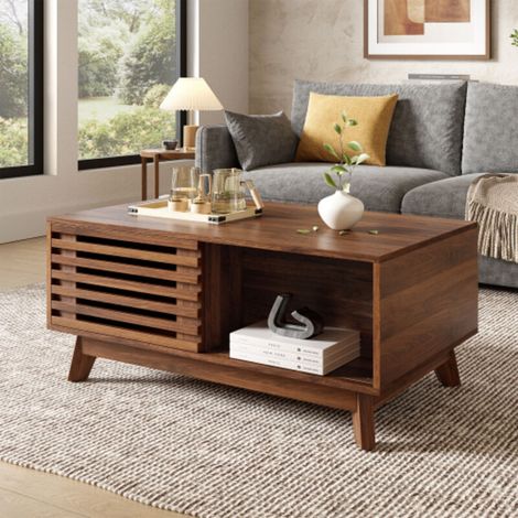 Table basse style rétro moderne, plateau réglable en hauteur, porte coulissante à persiennes, finition noyer, structure en MDF, table de salon multifonctionnelle.