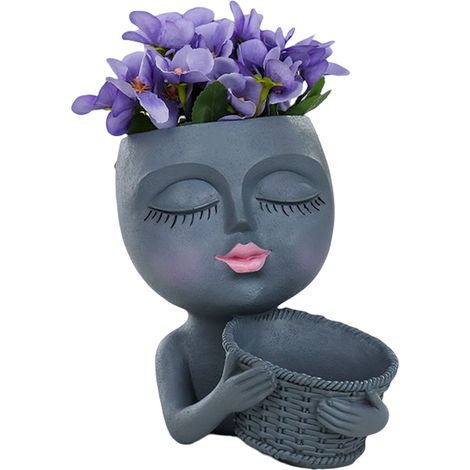 Pot de fleurs en résine, tête mignonne, succulente pour plantes d'intérieur avec trou de drainage, gris (1/5)
