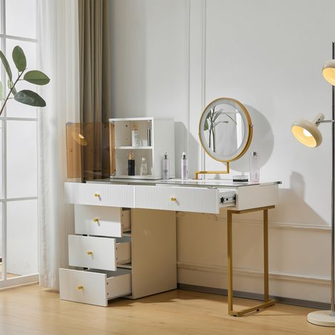 Coiffeuse 120 x 45 x 115 cm avec miroir led, plateau en verre trempé et rangements latéraux, blanche (1/5)