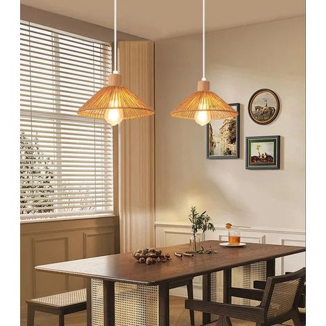 2pcs Suspension Luminaire Industriel,26cm Rétro Lampe de Plafond en Rotin et Bois Lustre Style Rural pastoral pour Salon (1/5)