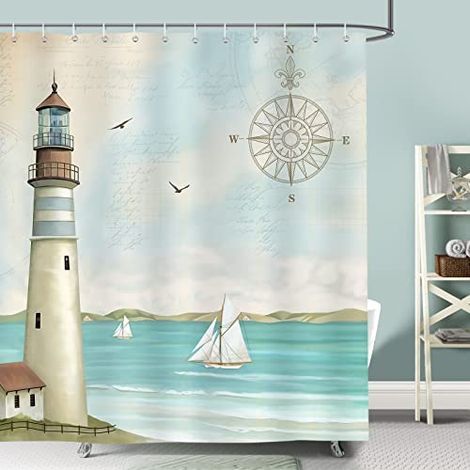 Rideau de Douche Nautique Phare Voilier Boussole Côtier 180 x 180 cm Rideau de Bain Tissu Polyester Anti Moisissure Imperméable Lavable Rideaux Salle de Bain avec 12 Crochets pour Baignoire (1/4)