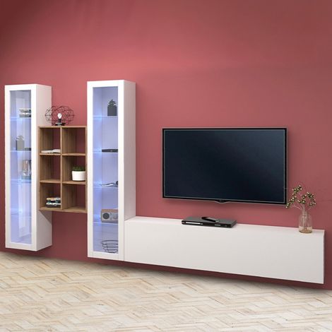 Meuble TV mural blanc Yves WH avec deux vitrines (1/5)