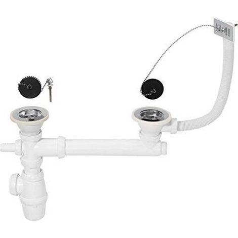 Wirquin 30721103 Scarico per lavello 2 vasche D60 con troppopieno e presa lavatrice, bianco (1/4)