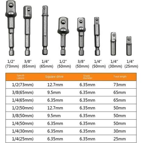 Steckschlüsseladapter aus Chrom-Vanadium-Stahl, Sechskantschaft für 1/4", 3/8" und 1/2" Verlängerungsbits (1/4)