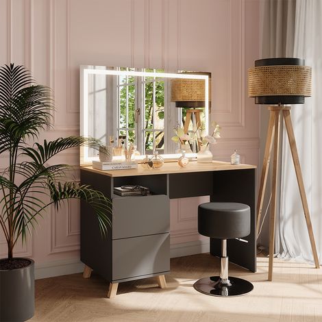Schminktisch Karen, Anthrazit/Artisan, 110 cm mit Hocker und LED-Spiegel, Vicco
