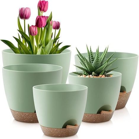 Vasi da fiori autoirriganti da 7/6,5/6/5,5/5 pollici, set di 5 vasi da fiori in plastica con fori di drenaggio e sottovasi, vasi da fiori in plastica, fioriere da interno ed esterno per uso domestico 