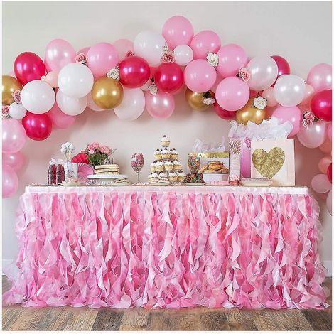 Jupe de table rose tutu. Jupe de table de 1,80 m avec rubans en organza double épaisseur. Décorations pour fête de princesse, quinceañera, premier anniversaire de petite fille