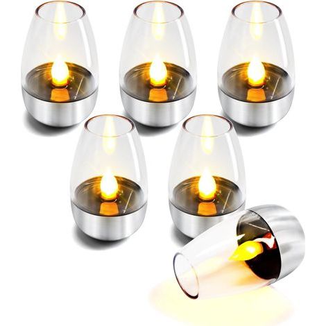 Lot de 6 bougies chauffe-plat LED rechargeables sans flamme - Bougies solaires d'extérieur étanches - Avec effet vacillant - Idéales pour les mariages, la maison, les fêtes et la décoration de jardin (1/5)