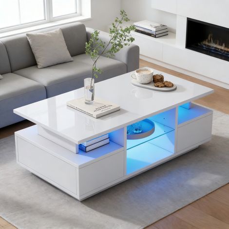 Table Basse Finition Brillante avec LED et Étagère en Verre - 100x50x36cm - Table de Salon Double Niveau avec 2 Tiroirs - Blanc (1/5)