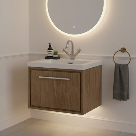 Hudson Reed Lille Wall Hung 1-Drawer Vanity Unit with 1TH Contemporary Basin 600mm Wide - Antique Oak (1/5)