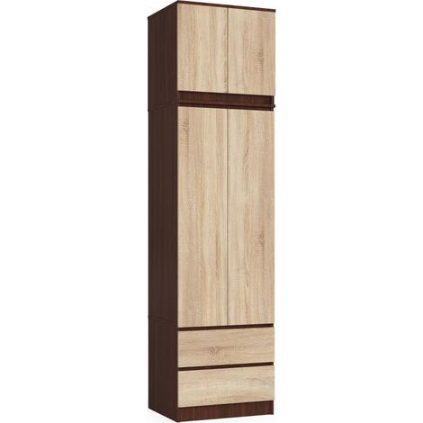 Akord – Armoire surmeuble 60 cm wengé – 2 portes battantes – 2 tiroirs façade chêne sonoma – 3 étagères – Dimensions 60x51x234 cm