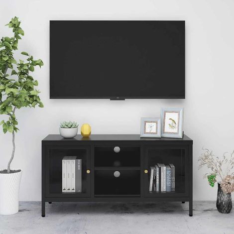 Meuble TV noir 105 x 35 x 52 cm, acier et verre trempé, 2 portes, étagère réglable - PANGIVO (1/5)