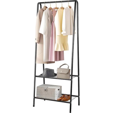 Youyijia Kleiderständer Metall Kleiderstange 60 cm x 151 cm Kleiner Garderobenständer für Schlafzimmer mit Schuhablage Kleiderstange mit Zwei Regalen Kleiderstangen für Kleidung (Schwarz) (1/5)