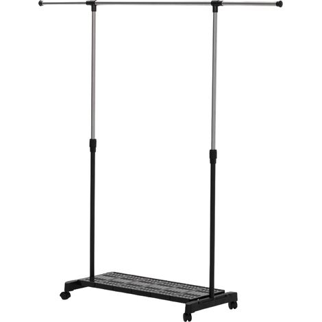 Étendoir à linge sur roulettes, extensible en acier inoxydable, 159x42x168 cm, noir argenté, avec barre et étagère à chaussures