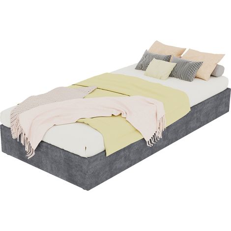 Lit plateforme 90 x 200 cm en tissu gris avec relevage à gaz, structure métal, sommier stable et design moderne, sans tête de lit ni matelas – CHICFURN (1/5)