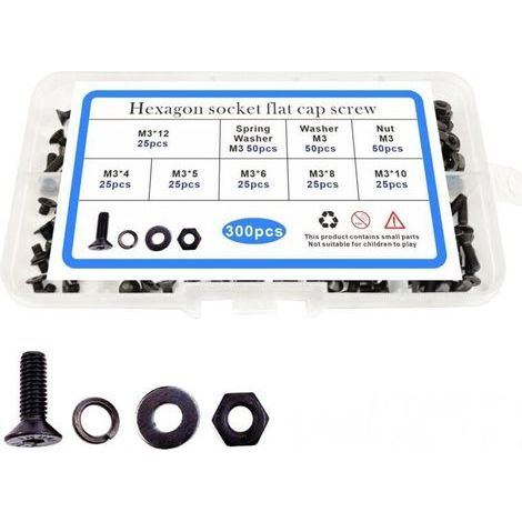 300pcs tête fraisée noire m3 boulon écrou, plat pad Spring box set, tête plate vis hexagonale intérieure,de (1/4)