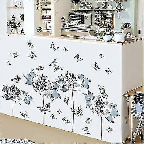 Ensemble d'autocollants muraux floraux blancs et bleus (fleurs et papillons) pour la décoration murale du salon, de la chambre et du bureau. (1/5)