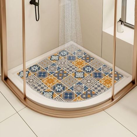 Tapis de douche d'angle jaune pour baignoire en quart de cercle, anti-moisissure, antidérapant, 60 x 60 cm (1/5)