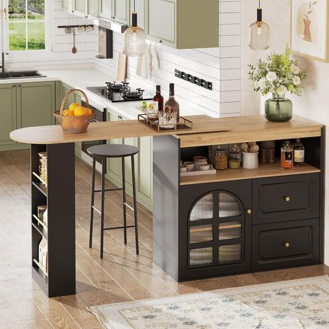 Table de bar extensible avec espace de rangement, îlot de cuisine rotatif à 360°, avec étagère à collation à 3 étages, 2 tiroirs, design porte en verre, noir, 138-204 x 39 x 104 cm